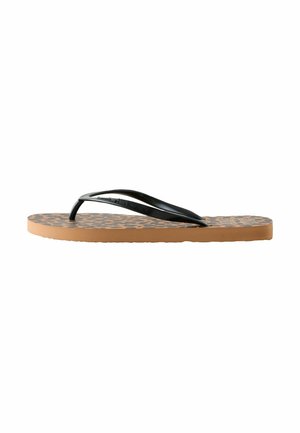 Black rubber flip-flop with thin straps, tan textured sole featuring a geometric pattern,  minimalist design, and low-profile shape.