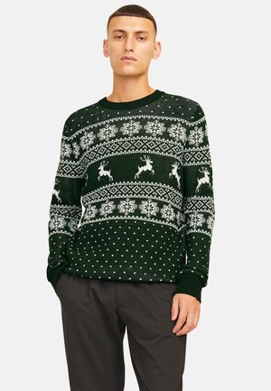 Dunkelgrüner Strickpullover mit weißen Schneeflocken- und Rentiermustern. Rundhalsausschnitt, lange Ärmel und strukturierte Stoffqualität.