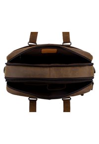 Bruine leren laptoptas met dubbele ritsen, meerdere binnenvakken en stevige handvatten voor gemakkelijk dragen. Gestructureerde afwerking met een strak design.