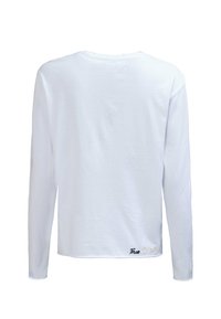 Weißes Langarmshirt aus Baumwolle mit Rundhalsausschnitt und gesticktem Logo am linken unteren Saum.