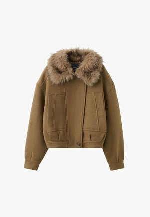 Brown wool jacket with a faux fur collar, cropped design, two front pockets, and a button closure at the bottom. Soft texture.