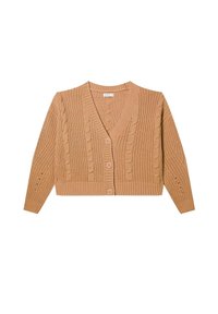 Krótki sweter w beżowym splocie z teksturowanym wzorem w warkocze, z dekoltem w serek, długimi rękawami i pięcioma guzikami z przodu.