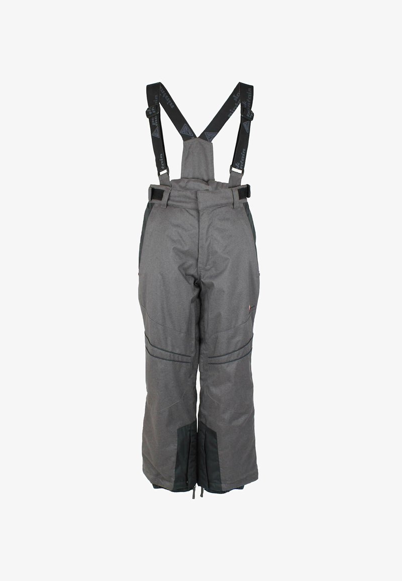 Grå snebukser med justerbare sorte særlige stropper, forstærkede sorte nederste paneler og quiltede linjer for ekstra tekstur og stil.