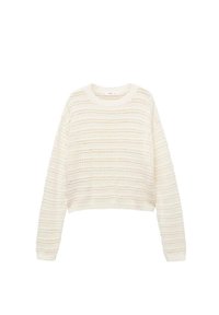Maglione all'uncinetto in crema, caratterizzato da un motivo texturizzato e polsini a coste. Le maniche lunghe e il design cropped ne esaltano il look moderno.