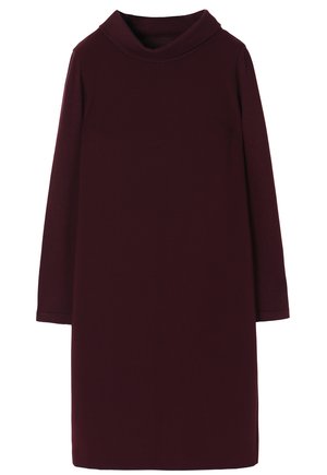 Robe bordeaux avec un col drapé, des manches longues, une coupe droite et une texture lisse. Pas de motifs ou d'accents visibles.