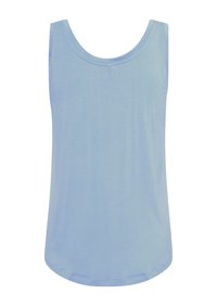 Šviesiai mėlynas be rankovių tankas, pagamintas iš lygios medžiagos, su apykakle ir įprastu pritaikymu, pasižymintis paprastu dizainu be raštų.