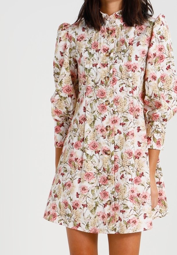 Robe à imprimé floral avec des fleurs roses et crème sur un fond blanc, dotée d'une patte de boutonnage, de manches bouffantes et d'un détail plissé.