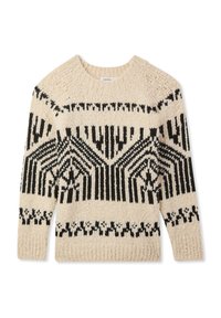 Maglione lavorato a maglia color crema con motivo geometrico nero, caratterizzato da scollo rotondo e maniche lunghe. Tessuto strutturato con vestibilità ampia.
