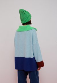 Personne portant un bonnet vert en tricot et un pull ample à blocs de couleurs en bleu clair, bleu marine et rouille, de dos sur un fond uni.