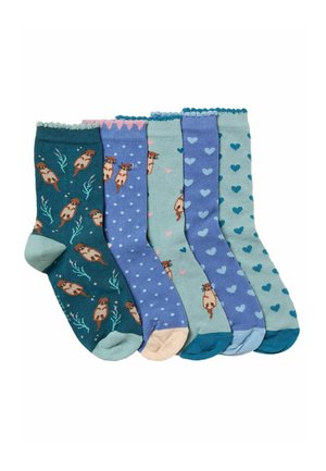 Five pairs of socks featuring varying patterns: otters, polka dots, hearts, and scalloped cuffs, in shades of teal, blue, and pink.