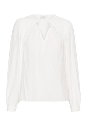 White blouse made from lightweight fabric, featuring a V-neck with a tie, long puff sleeves, and subtly gathered details along the shoulders.