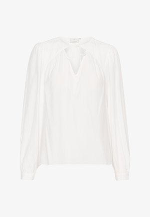 White blouse made from lightweight fabric, featuring a V-neck with a tie, long puff sleeves, and subtly gathered details along the shoulders.