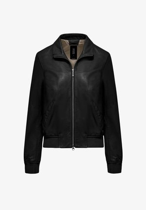 Giubbotto bomber in pelle nera con cerniera frontale, polsini e orlo a costine, collo a listino e fodera interna beige.