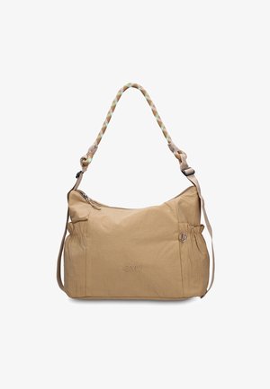 Beige casual shoulder bag with zip closure, braided dual-color strap, side pockets, adjustable plain shoulder strap, and GMV logo on front.