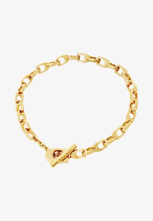 Bracciale in oro composto da anelli ovali intrecciati, chiusura a moschettone e una finitura liscia con una texture lucida.