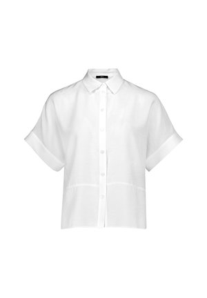 Chemise blanche à manches courtes avec col et manches retroussées, en tissu léger.