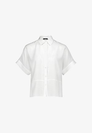 Fehér rövid ujjú, galléros, gombos ing mandzsettás ujjal, könnyű anyagból készült.