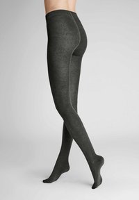 Dunkelgraue, strukturierte Strumpfhosen mit passformgerechter Form und elastischem Bund, die vom Bund bis zum Knöchel reichen und für Komfort und Wärme sorgen.
