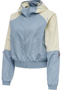 Light blue and cream windbreaker jacket with a front zipper, elastic cuffs, adjustable hood, and side pockets. Smooth, lightweight material.