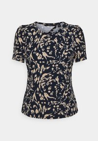 Laivastonsininen lyhythihainen paita, jossa on beige abstrakti kukkakuosi, pyöreä pääntie, pehmeä kangas ja hieman muotoiltu malli.