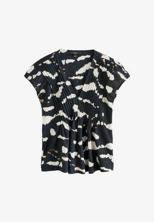 Zwart-wit gestreepte top met een v-hals, geplooid ontwerp, korte kapmouwen en een losse fit. Gemaakt van een zachte, lichte stof.