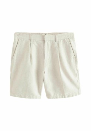 Beežist linastest lühikesed püksid, millel on mugav lõige, kaks külgetaskut, õmmeldud vöökoht ja diskreetsed esireted lisadetailideks.