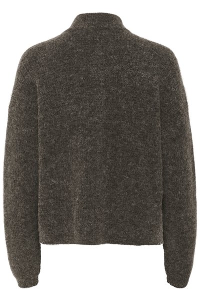 Pull en cachemire gris foncé, duveteux, avec un col haut, des épaules tombantes et de longues manches. Matière texturée avec une finition douce. Vue arrière.