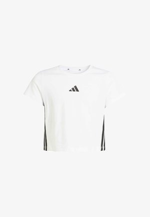T-shirt cropped bianco in cotone. Presenta un logo Adidas nero sul petto e strisce nere lungo i lati. Maniche corte.