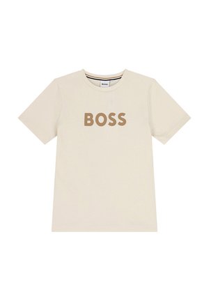 T-shirt beige a maniche corte con scollo rotondo, con la scritta "BOSS" in lettere marroni bold sul petto.
