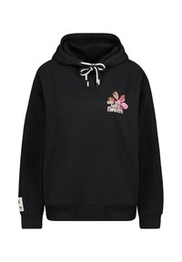 Zwarte hoodie gemaakt van zachte stof, met een treklint bij de halslijn en een meerkleurig bloemmotief met de tekst "Say it with flowers."