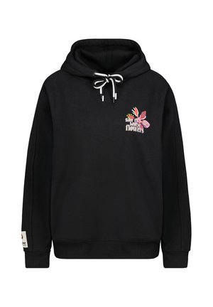 Zwarte hoodie gemaakt van zachte stof, met een treklint bij de halslijn en een meerkleurig bloemmotief met de tekst "Say it with flowers."