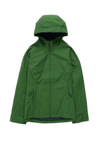 Zelená voděodolná bunda s kapucí, vybavená předním zipem, dvěma bočními kapsami a hladkým povrchem. Jednoduchý design a rovný střih.