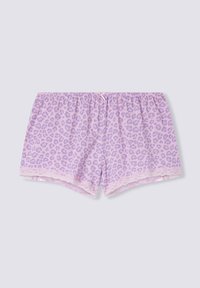 Shorts in stampa leopardata viola con una texture morbida, caratterizzati da un delicato bordino in pizzo all'orlo e una vita elastica con un piccolo fiocco decorativo.