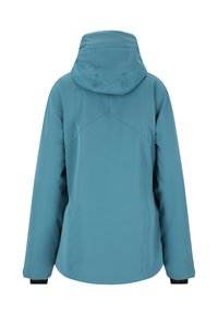 Türkisfarbene wasserfeste Jacke mit verstellbarer Kapuze, langen Ärmeln und schwarzen Bündchen. Verfügt über eine glatte Oberfläche und kontrastierende Nähte.