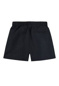 Μπλέ σορτς από ελαφρύ υλικό, με ελαστική μέση, μία πίσω τσέπη και απλή, λεία υφή.