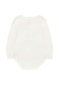 Body bianco per neonati con maniche lunghe e colletto arricciato. Tessuto morbido, chiusura a pressione sul retro e polsini leggermente elasticizzati.