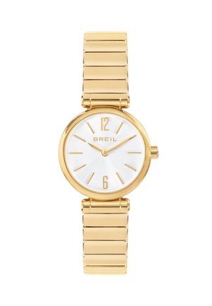 Guldtonet armbåndsur med rund hvid urskive, der har minimalistiske timemarkeringer, mærket "BREIL" og en elegant metalledsrem.
