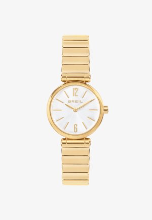 Guldtonet armbåndsur med rund hvid urskive, der har minimalistiske timemarkeringer, mærket "BREIL" og en elegant metalledsrem.