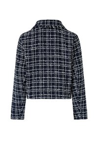 Marineblauw cropped jasje met wit geruit patroon, lange mouwen en een brede kraag, gezien vanaf de achterkant tegen een witte achtergrond.