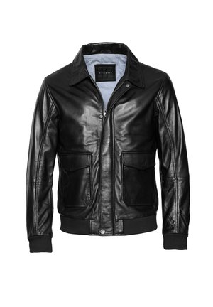Schwarze Lederjacke mit Kragen, Reißverschluss, zwei Fronttaschen, gerippten Bündchen und Saum; glatte Textur mit einem weichen Innenfutter.