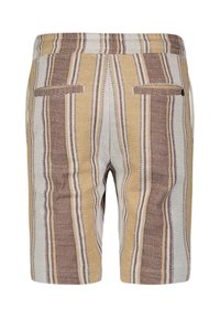 Gestreepte shorts in beige, bruin en geel. Voorzien van een zachte, textuurstof met twee achterzakken en een elastische tailleband.