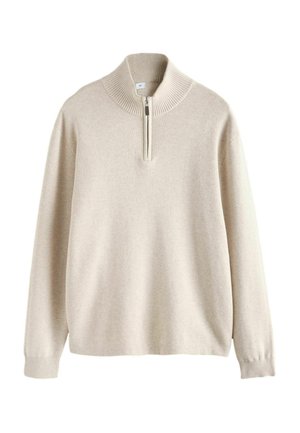 Beżowy sweter z zamkiem przy szyi wykonany z miękkiej dzianiny, z żeberkowym kołnierzem i mankietami, w luźnym kroju i minimalistycznym designie.