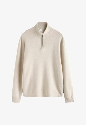 Beżowy sweter z zamkiem przy szyi wykonany z miękkiej dzianiny, z żeberkowym kołnierzem i mankietami, w luźnym kroju i minimalistycznym designie.