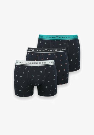 Trzy pary ciemnogranatowych slipów z różnymi, małymi, kolorowymi wzorami. Paski mają wyraźnie wyeksponowaną nazwę marki "LANÇERTO".