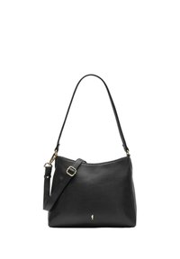 Czarna skórzana torba na ramię o gładkiej teksturze, z jednym paskiem i regulowaną opcją noszenia na krzyż. Posiada złote akcenty i subtelne logo.