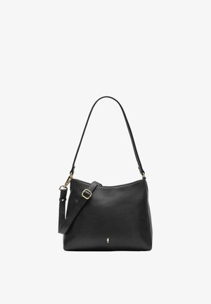 Czarna skórzana torba na ramię o gładkiej teksturze, z jednym paskiem i regulowaną opcją noszenia na krzyż. Posiada złote akcenty i subtelne logo.