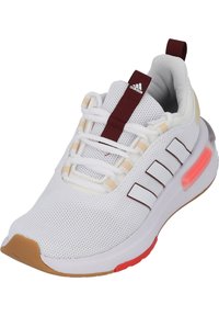 White athletic shoe with mesh upper, red accent on sole, three white stripes on side, and padded collar for comfort. Rubber outsole.