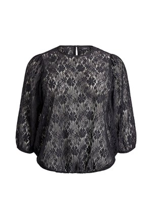 Blusa nera in pizzo con scollatura tonda, maniche a sbuffo e orlo arricciato. Presenta motivi floreali e una chiusura a oblò sul retro.