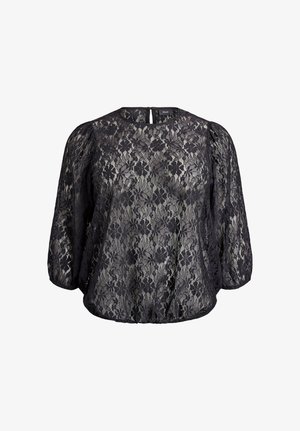 Blusa nera in pizzo con scollatura tonda, maniche a sbuffo e orlo arricciato. Presenta motivi floreali e una chiusura a oblò sul retro.