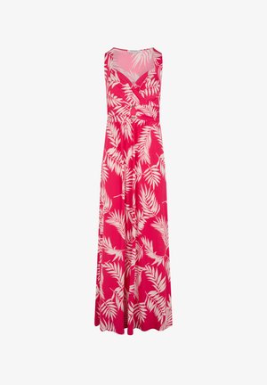 Roze maxi-jurk met een v-hals, een cinched taille en een wit bladrimpel. Gemaakt van lichtgewicht stof met een vloeiende uitstraling.